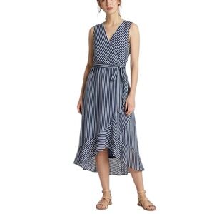 NY & Company Striped Blue and White Women's Ruffle High Low Long Maxi Dr…